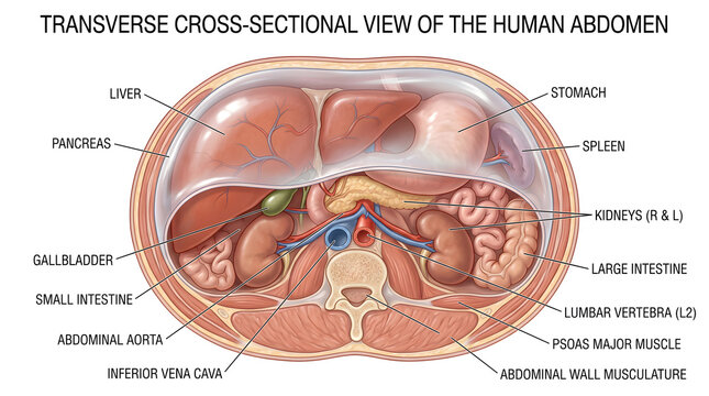 Transverse cross‑sectional view of the human abdomen showing liver, stomach, spleen, pancreas, gallbladder, small and large intestines, kidneys, abdominal aorta, inferior vena cava, psoas major muscle