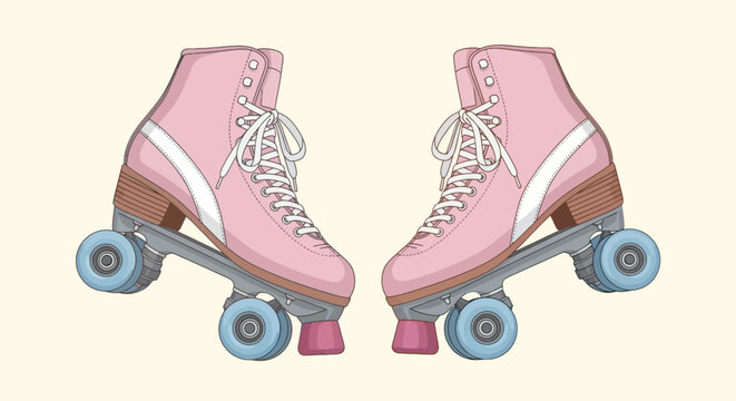 Pair of pink roller skates with blue wheels illustration vintage style footwear for recreational skating and retro fashion concept