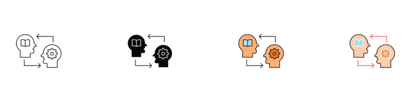 Knowledge exchange icon set. Mentoring and skill sharing symbols for education. Vector illustrations of human heads with book and gear for learning, training and brain cooperation.