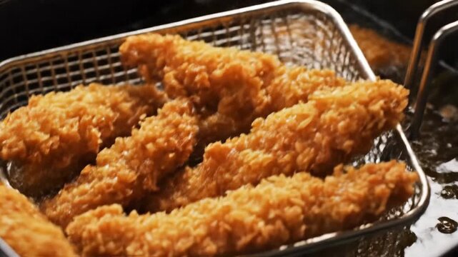 Golden breaded food deep frying in hot bubbling oil