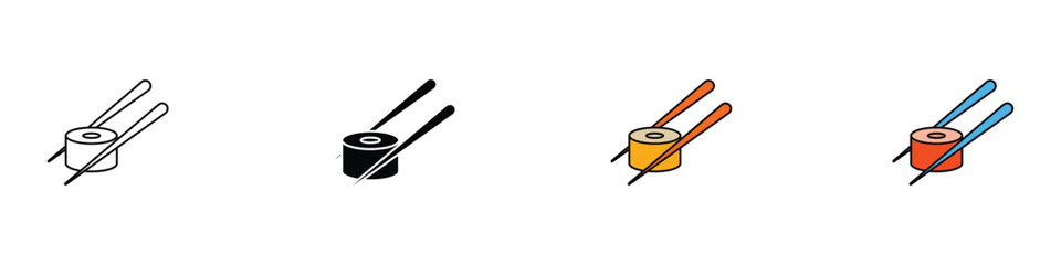 Sushi roll and chopsticks icon set. Japanese cuisine and seafood symbols for restaurant menu. Vector illustrations of maki sushi for oriental food, dining and healthy meal concept. © MdNurul