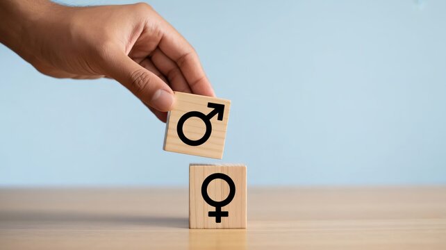 Equality, gender identity, wooden blocks, male and female symbols, social issue concept