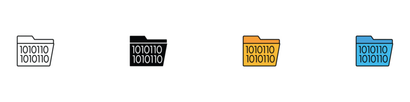 Binary data folder icon set. Digital file storage symbols for programming and computing. Vector illustrations of binary code directory for database management and software development.