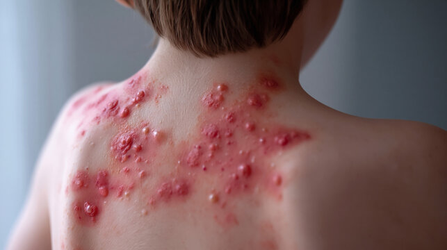 A child with a skin condition showing red rashes on their back