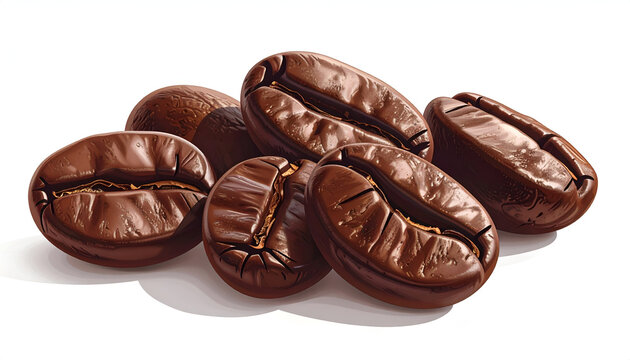 A close-up shot showcases a pile of roasted coffee beans against a clean white background, highlighting their rich brown color and textured surface.