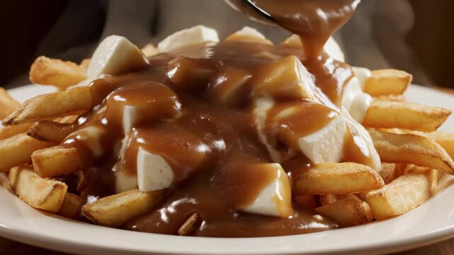 Gravy pouring over delicious poutine with fries and cheese curds