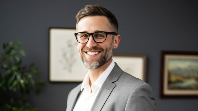 A smiling businessman in a gray suit and glasses standing in an office