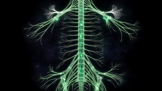 Human nervous system illustration with central spinal cord and branching nerves glowing green on black background.