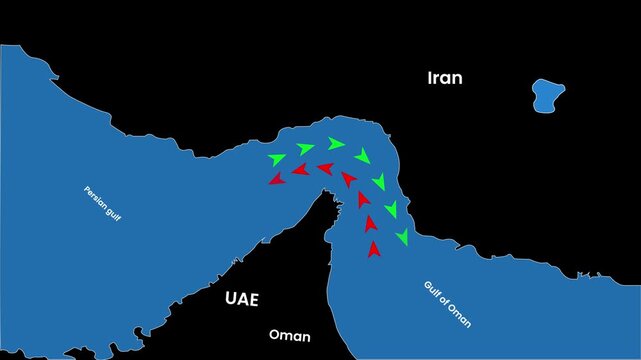 Strait of Hormuz on Geographic World Map shipping network animation isolated on black background