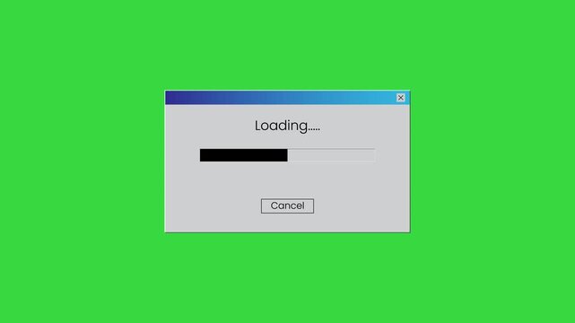 Computer loading window with progress bar animation isolated on green background