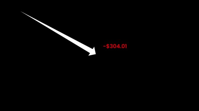 USD financial loss, arrow down market crash animation isolated on black background