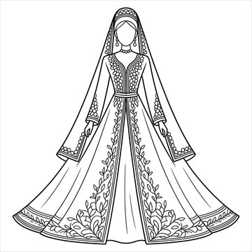 Black and white line of a traditional moroccan caftan wedding dress