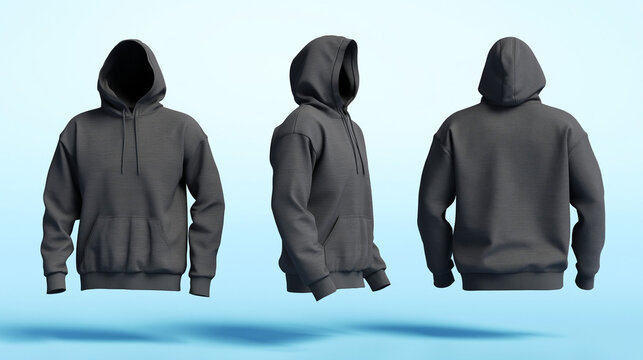 A dark gray hoodie displayed from multiple angles on a light blue background