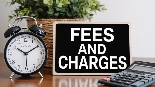 Business finance concept, clock and calculator, fees and charges sign
