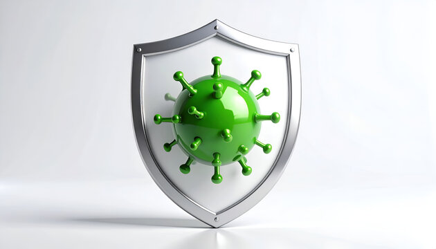 A green virus particle is protected by a metallic shield, symbolizing immunity and defense.