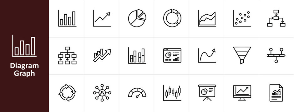 Diagram and Data Visualization Line Icon Set - Minimalist Business Analytics, Financial Charts, and Infographic Vector Illustrations