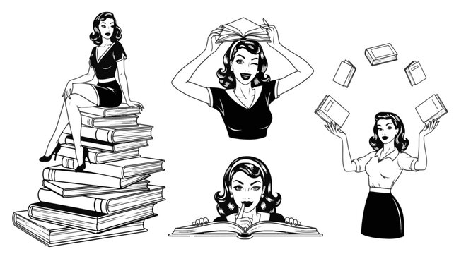 Retro Girl Juggling Books with Stacked Books and Reading Pose