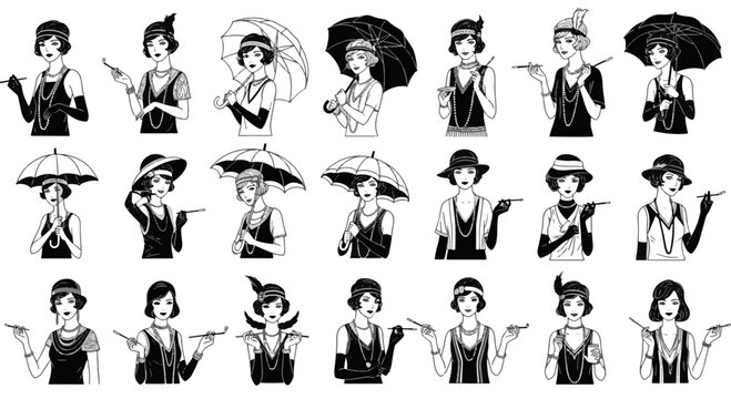 Set of 24 Diverse Retro Girl Characters in 1920s Fashion Holding Cigarettes and Umbrellas