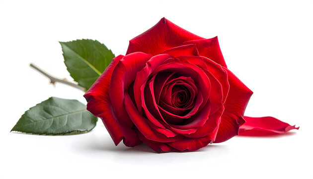A vibrant red rose with lush green leaves rests gracefully against a clean white background, showcasing its intricate petal structure and delicate beauty.