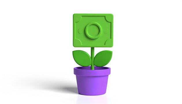 A stylized 3D rendering depicts a flower with a green currency symbol as its bloom, planted in a purple pot, symbolizing financial growth and prosperity.