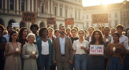 Obraz premium Diverse group of people standing together at a peaceful public protest holding candles and signs.