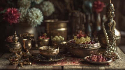 Fototapeta premium Ornate still life with jeweled vessels, fruits, flowers and precious artifacts