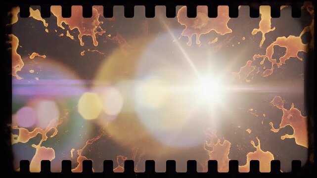 Vibrant rainbow light beams on black background with film strip