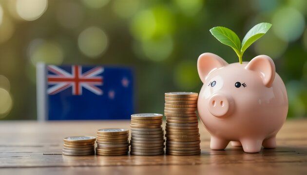 New Zealand Currency Savings Concept with Piggy Bank and Stacked Coins, Financial Growth, Budgeting, Wealth Management, Personal Finance Illustration