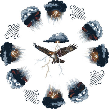 Eagle in storm surrounded by thunderclouds and lightning arranged in circular composition illustrating dramatic weather and powerful wildlife scene