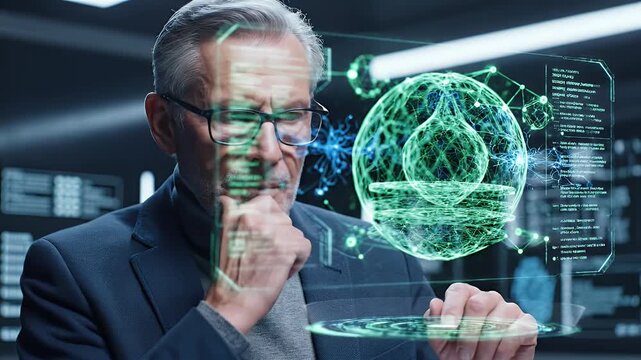 Mature man interacting with futuristic digital interface