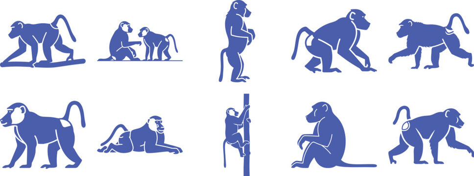 A collection of stylized baboon silhouettes in various poses such as walking and climbing Vector, illustration