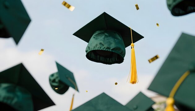 Graduates joyfully toss green caps into the air during a ceremony, celebrating their academic achievements and global education