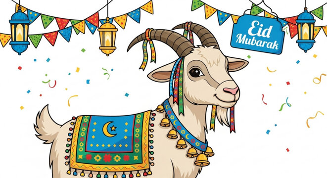 Decorated goat with crescent moon symbol ready for Eid al-Adha celebration festive illustration with colorful bunting and lanterns