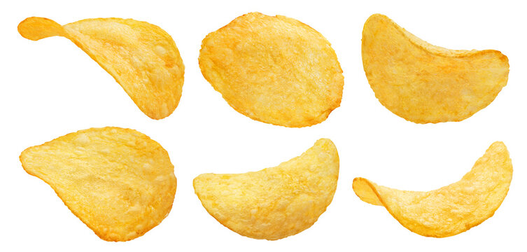 Set of delicious potato chips, isolated on cutout transparent background