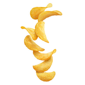 Delicious potato chips arranged in dynamic composition, isolated on cutout transparent background