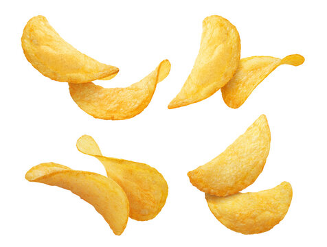 Set of delicious potato chips, isolated on cutout transparent background