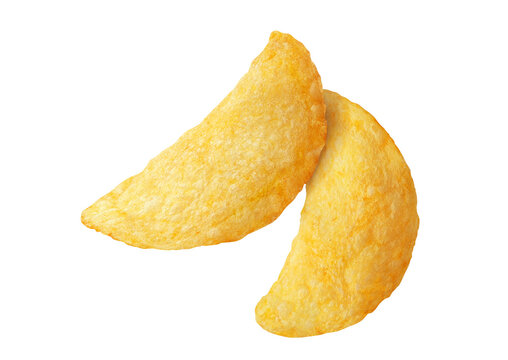 Two delicious potato chips, isolated on cutout transparent background