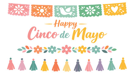 Festive cinco de mayo illustration with colorful papel picado, sombreros, flowers, and tassels. Traditional Mexican celebration, holiday greeting card design. © Akter