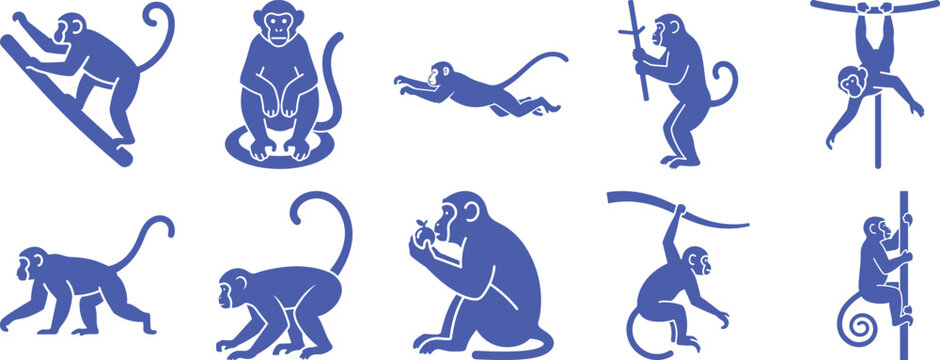 Collection of ten purple monkey silhouettes in various active and resting poses on white background Vector, illustration