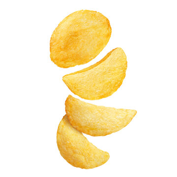 Falling delicious potato chips in vertical motion composition, isolated on cutout transparent background