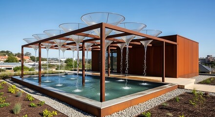 Fototapeta premium Rainwater harvesting system on a modern sustainable building uses glass funnels and a corten steel frame over a reflective pool in daylight
