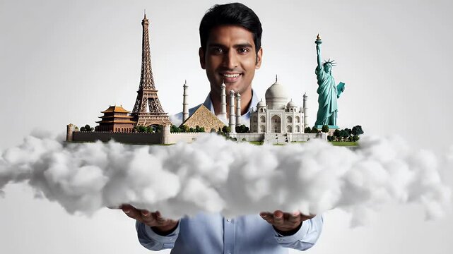 A smiling man proudly presents a cloud adorned with miniature iconic landmarks from around the world, symbolizing global travel and dreams.