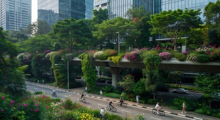 Naklejka premium Cyclists and cars navigate a vibrant, eco-friendly urban landscape with elevated green infrastructure and lush flowering plants, against modern skyscrapers.
