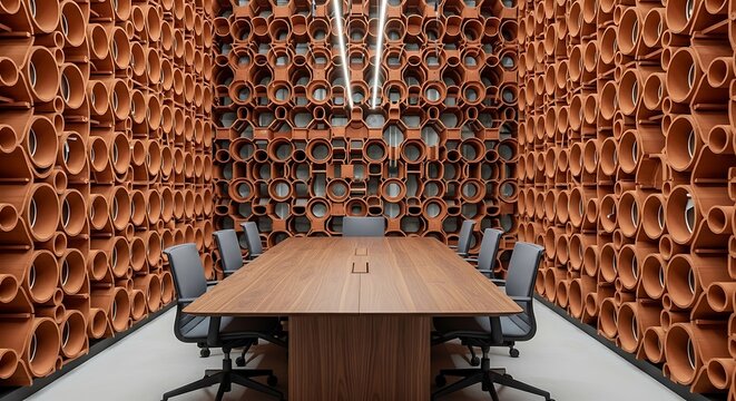 Terracotta clay pipe walls surround a wooden conference table in a modern sustainable boardroom featuring professional seating and linear lighting