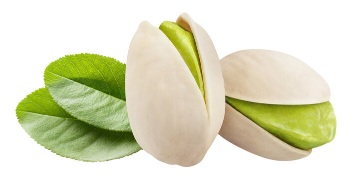 Two pistachio nuts with green leaves in natural composition, isolated on cutout transparent background