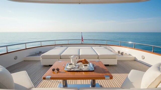 Luxury yacht deck with elegant seating and dining setup overlooking the open sea under clear blue sky, capturing a premium travel lifestyle experience.