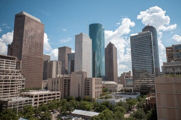 Fototapeta premium A vibrant daytime cityscape of Houston, Texas, showcases a cluster of modern skyscrapers against a backdrop of fluffy white clouds and a clear blue sky.