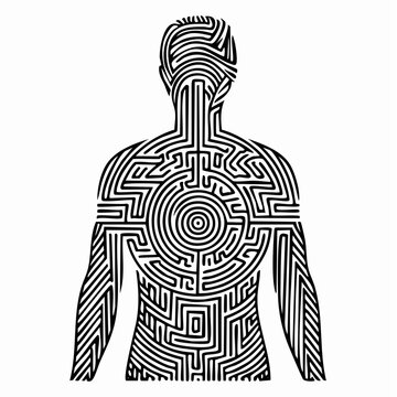 Black and white maze wrapped around a human body like clothing, trapped mind concept