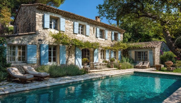 A charming stone house with blue shutters sits nestled amongst lush greenery, featuring a sparkling swimming pool and inviting outdoor seating area.