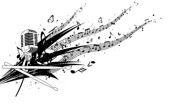 Microphone with musical notes and sound waves in artistic illustration featuring black and white, vector, music with performance and singing elements